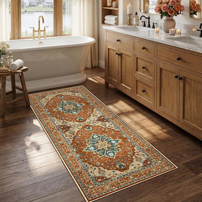 RELEANY Area Rugs Runner 2'6"x5' Washable Non-Slip, Floral Vintage Distress Medallion Carpet for Kitchen Hallway Bedroom Beside Laundry Room Bathroom, Red Orange Blue Brown