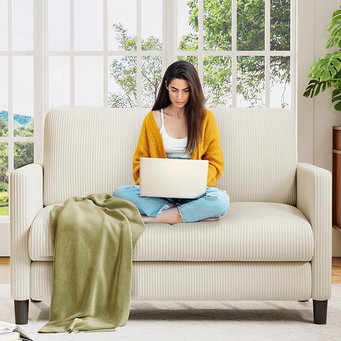 Welzona Loveseat Sofa, 51" Love Seat, Comfy Corduroy Small Loveseat for Small Spaces, Tool-Free Setup Couch for Bedroom, All-Wood Couches for Living Room, Beige