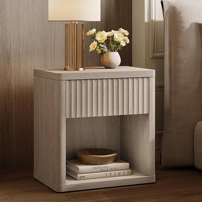 SICOTAS Night Stand Set of 2 Nightstands with Drawer Storage Fluted Bed Side Table End Table Large Modern Wide Bedside Stand Mid Century Night Stands for Bedroom Living Room Sofa Office, White Alder