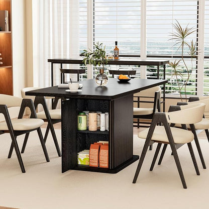 Extendable Black Kitchen Dining Table for 4-6, 47-65 Inch Rectangle Dining Room Table with 2 Doors, Large Storage, Wood Fluted Mid Century Modern Furniture for Dinner, Living Room, Space Saving