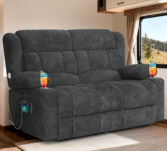 RV Loveseat Recliner Sofa, Reclining Loveseat Home Theater Seating with USB Ports, Cup Holders, Insert Pockets, Wall Hugger RV Recliners for Movie Room, Recline Movie Seats Gaming Sofa, Gray