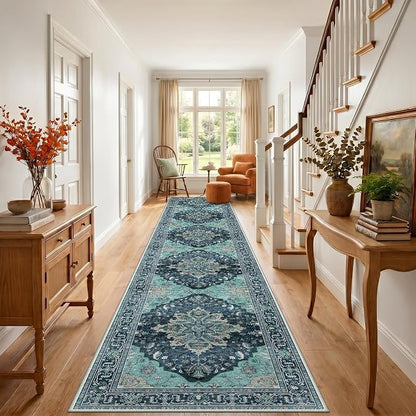 RELEANY Area Rugs Runner 3'x20' Washable Non-Slip, Floral Vintage Distress Medallion Carpet for Kitchen Hallway Bedroom Beside Laundry Room Bathroom, Teal Green Lake Blue Turquoise