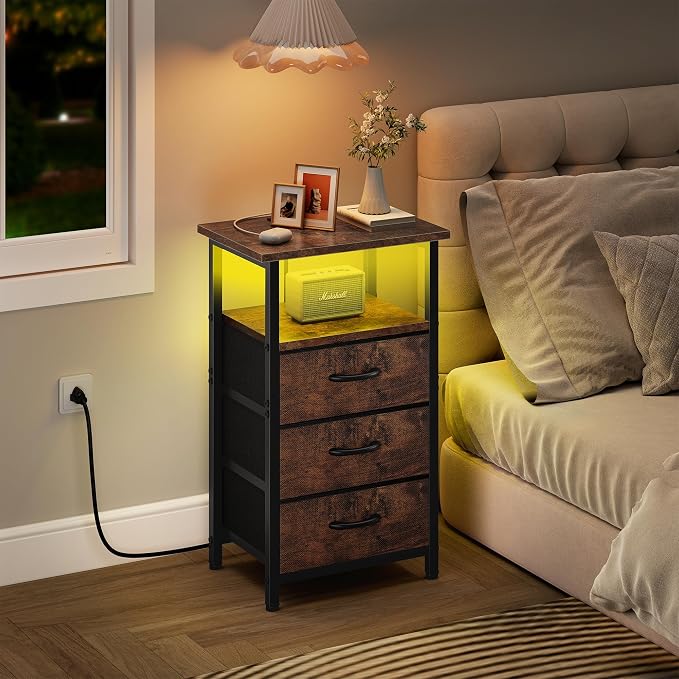 Vagusicc Night stand Set 2 with Charging Station, LED Nightstand for Bedroom, Bedside Table with 3 Fabric Drawer, End Table Side Table with USB Port & Outlets, Bed Side Table for Bedroom, Rustic Brown