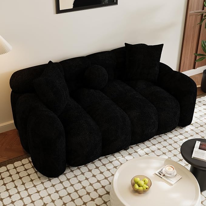 Wrofly Boucle Sofa Couch, 64.7" Modern Tufted Upholstered 2 Seater Loveseat Sofa with 3 Pillows, Comfy Deep Seat Cloud Couch, Small Love Seat for Living Room Apartment, Black