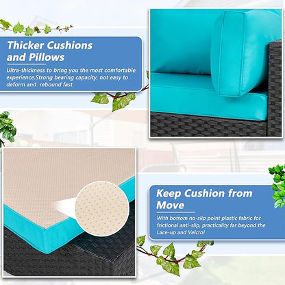 5 Piece Outdoor Patio Furniture Set,Black PE Rattan Wicker Sectional Sofa, All Weather Conversation Set with Washable Cushions & Glass Coffee Table for Backyard Poolside Garden Porch,Blue