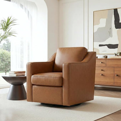 Faux Leather Swivel Accent Chair, 360° Swivel Upholstered Club Armchairs for Living Room, Comfy Single Sofa Reading Chair with Deep Seat, Metal Swivel Base, Brown