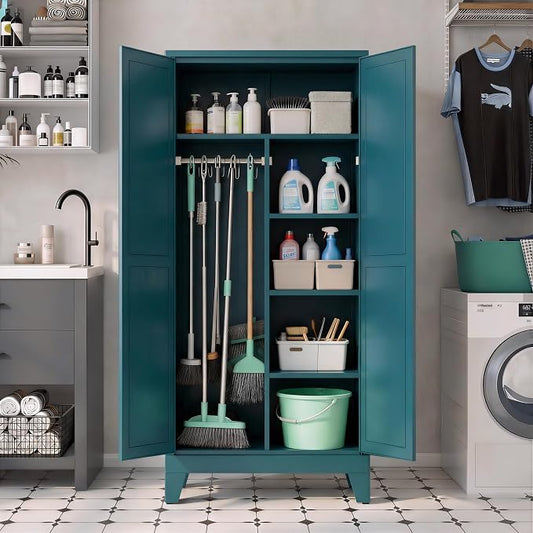 71" H Tall Pantry Cabinet with Doors,Kitchen Pantry Cabinet,Blue Metal Storage Cabinets,Garage Storage Cabinet,Food Storage Cabinet with Doors and Shelves