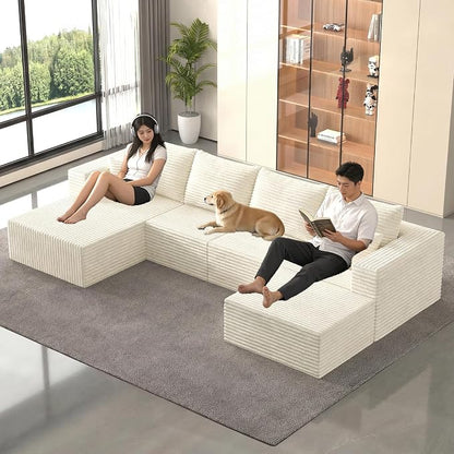 138" Modern Modular Sectional Sofa, U-Shaped Cloud Couch, Soft Corduroy Boneless Couch with 3060 High Rebound Memory Foam, Sectional Couches for Living Room-Beige(Left Facing Chaise)
