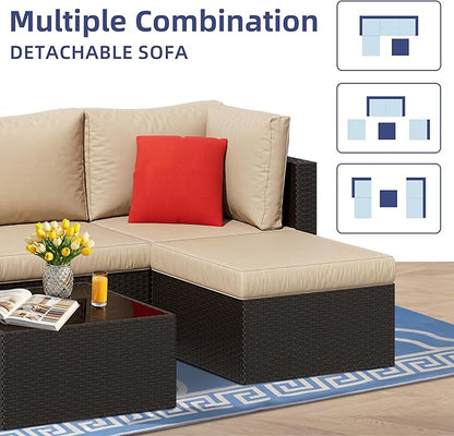 Vongrasig 5 Piece Patio Furniture Sets, Outdoor Patio Set Sectional Sofa, All-Weather PE Rattan Outdoor Couch with Ottoman, Glass Table for Garden, Backyard, Porch, Beige
