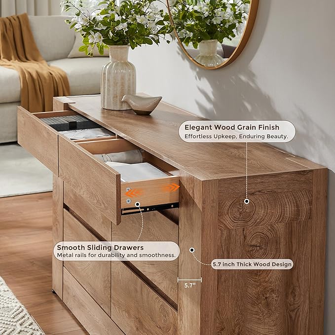 OKD 6 Drawer Dresser for Bedroom, 54" Wide Chest of Drawers with Thick Wood Design, Handleless, Modern Bedroom Dresser, Storage Organizer for Living Room/Entryway/Hallway, Light Knotty Wood