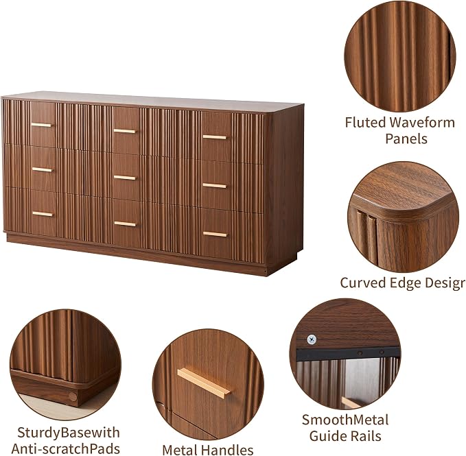 Fluted Dresser for Bedroom with 9 Drawers, 59" Wide Mid Century Modern Chest of Drawers, Wooden Dresser TV Stand, Wood Closet Clothes Storage Organizer for Living Room Hallway, Walnut