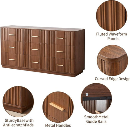 Fluted Dresser for Bedroom with 9 Drawers, 59" Wide Mid Century Modern Chest of Drawers, Wooden Dresser TV Stand, Wood Closet Clothes Storage Organizer for Living Room Hallway, Walnut