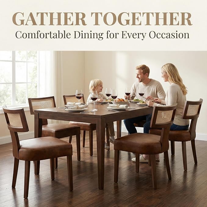 HNY Mid Century Modern Rattan Dining Chairs Set of 4, Farmhouse PU Leather Upholstered Accent Chair Curved Backrest Kitchen Chairs, with Hardwood Frame, Brown