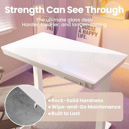HUANUO Glass Standing Desk with Drawers, 40 X 24 Inch Electric Adjustable Height Desk, Quick Install One-Piece Tabletop with USB Charging Ports, White