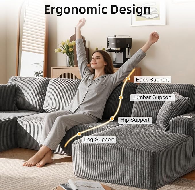 130" U-Shaped Modular Sectional Sofa with Chaise, Boneless Corduroy Flexible Module Seating for Living Room, Cloud Couch with Cup Holders and Side Pockets, No Assembly (Grey)