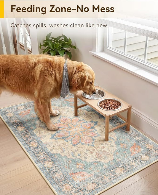 RELEANY Area Rugs Small 2'x3' Washable Non-Slip, Floral Vintage Distress Medallion Carpet for Kitchen Entryway Bathroom, Blue Orange Red