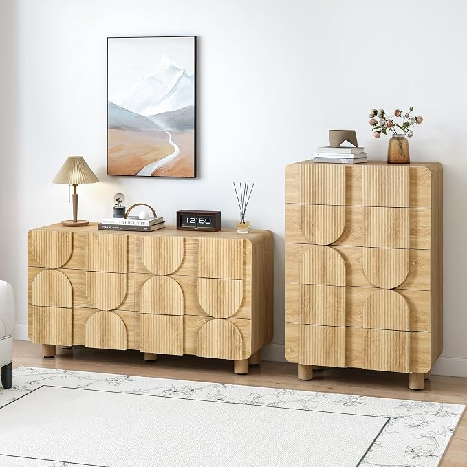 Fluted 5 Drawers Dresser for Bedroom, 46" Tall Dressers & Chest of Drawers w/Curved Profile Design, Wood Mid Century Modern Vertical Storage Dressers Organizer for Living Room, Hallway, Natural Oak