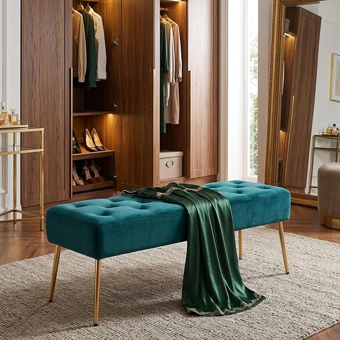 DUHOME Modern Velvet Bench Ottoman, Upholstered Bedroom Benches Footrest Stool Button-Tufted Table Bench Dining Bench with Gold Metal Base for Entryway Dining Room Living Room Bedroom, Atrovirens