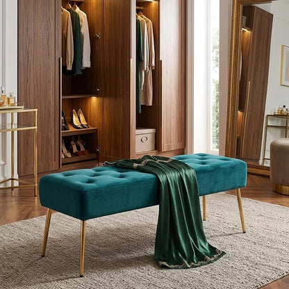 DUHOME Modern Velvet Bench Ottoman, Upholstered Bedroom Benches Footrest Stool Button-Tufted Table Bench Dining Bench with Gold Metal Base for Entryway Dining Room Living Room Bedroom, Atrovirens