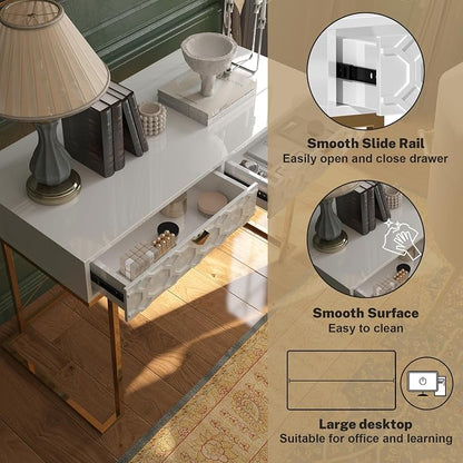 Clihome Console Table with 2 Drawers, 42'' Entryway Table with Storage, Desktop Sofa Table Hallway with Golden Legs and X-Shaped Bracket