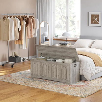 DINZI LVJ Storage Chest, 47.2" Rattan-Like Toy Box with 2 Safety Hinges, Wooden Entryway Storage Bench with Flip-Top, Large Trunk for Living Room, Bedroom, Easy Assembly, Gray Wash