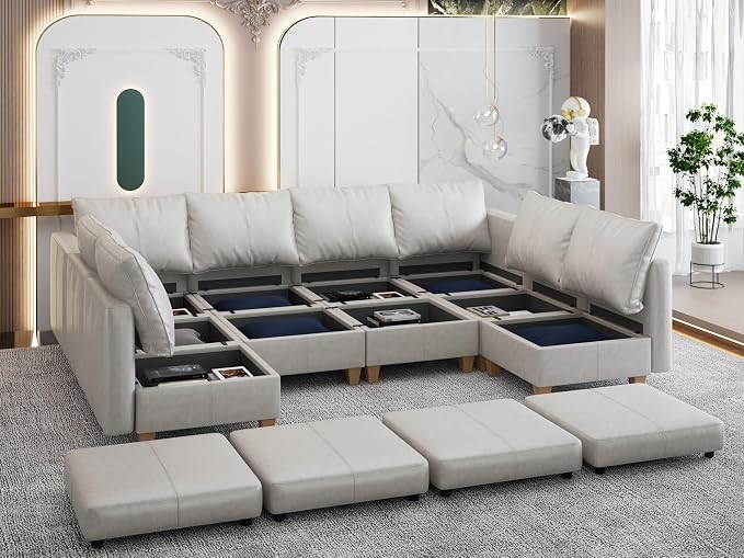 EASE MOOSE Modualr Sectional Couch U Shaped Sofa with Storage Ottomans, Gray Faux Leather Sectional Sofa Modular Couch，Whitesand