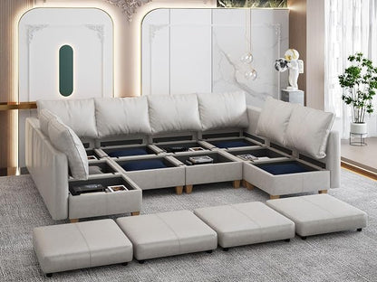 EASE MOOSE Modualr Sectional Couch U Shaped Sofa with Storage Ottomans, Gray Faux Leather Sectional Sofa Modular Couch，Whitesand