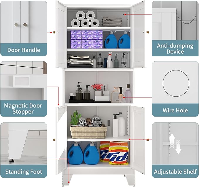 69" Tall Metal Pantry Cabinet with Microwave Stand,Microwave Storage Cabinet with 4 Doors & 3 Adjustable Shelves for Kitchen (4doors-White, 13.78" D x 27.54" W x 68.9" H)