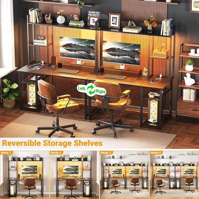 Cyclysio Gaming Desk with Hutch, 39'' Computer Desk with LED Lights & Power Outlets, Home Office Desk with Reversible 5 Tiers Storage Shelves & Monitor Stand, Small Gaming Table for Small Space, Grey