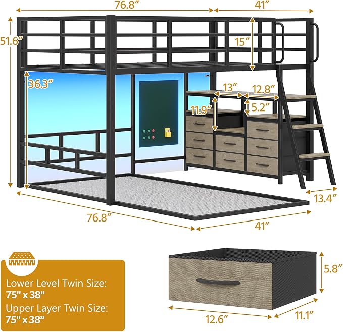 busyaeh Bunk Bed Twin Over Twin, 8 Drawer & 4 Shelve，15" H Safety Guardrail | Low Bunk Bed with LED Light,Metal L-Shaped Twin Bunk Bed with Charging Station,Floor Bunk Bed with Ladder,Bunk Bed,Oak Gray