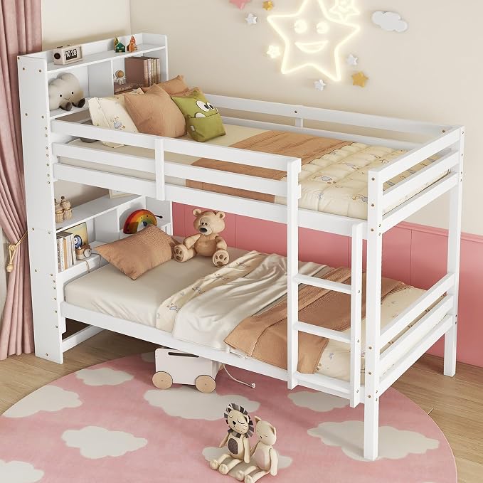 Twin Over Twin Bunk Bed with Storage Bookcase Headboard for Kids Boys Girls Teens, Rubber Wood Bunk Beds Frame with Storage Shelves, Can Be Separated into 2 Platform Beds, White