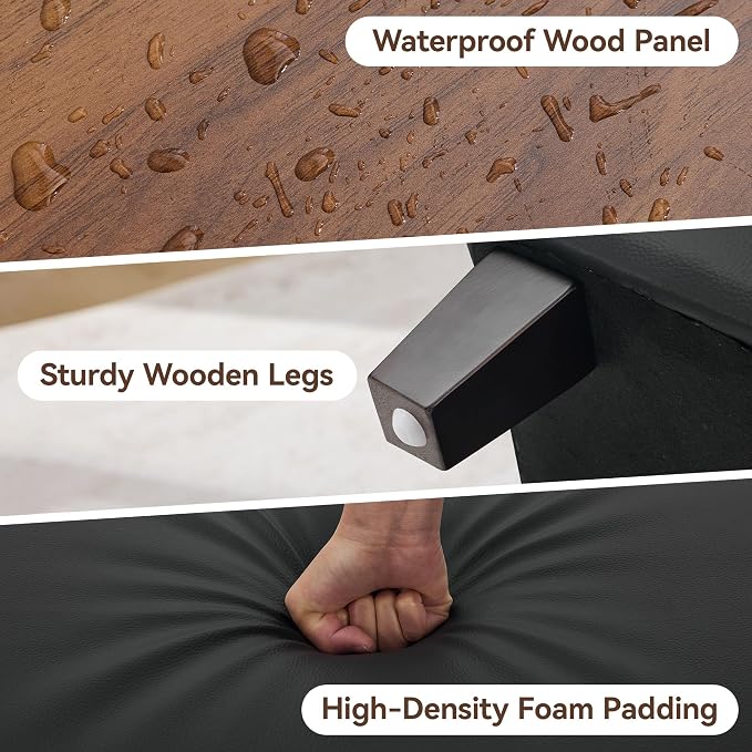WUTUTUEE 45" Faux Leather Storage Ottoman Bench with Wooden Tray, Black Large Upholstered Foot Stool, Multifunctional Coffee Table Storage Bench with Solid Wood Legs for Living Room Bedroom Entryway