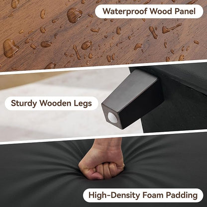 WUTUTUEE 45" Faux Leather Storage Ottoman Bench with Wooden Tray, Black Large Upholstered Foot Stool, Multifunctional Coffee Table Storage Bench with Solid Wood Legs for Living Room Bedroom Entryway