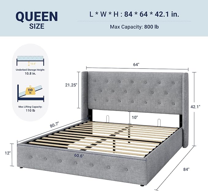 Allewie Queen Size Lift Up Storage Bed, Button Tufted Headboard with Wingback, Hydraulic Support, No Box Spring Needed, Light Grey
