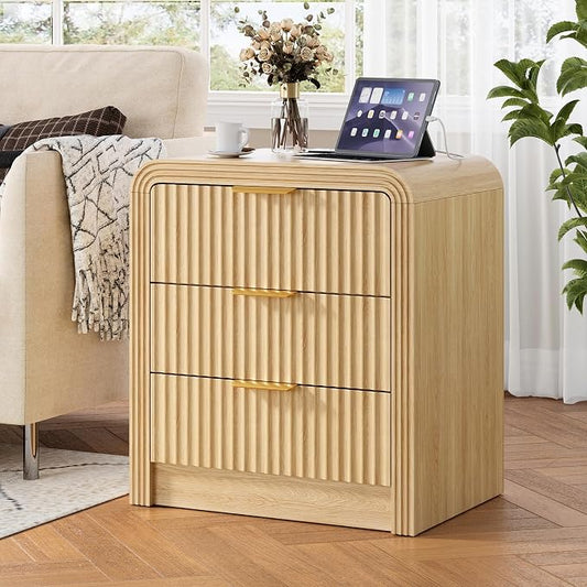Decofy Fluted Nightstand with Charging Station, Modern Bedroom Side Table with Gold Handles, Curved Profile Design, End Table Wood Organizer for Bedroom, 19.7" & 3 Drawers (1 Pack, Natural Oak)