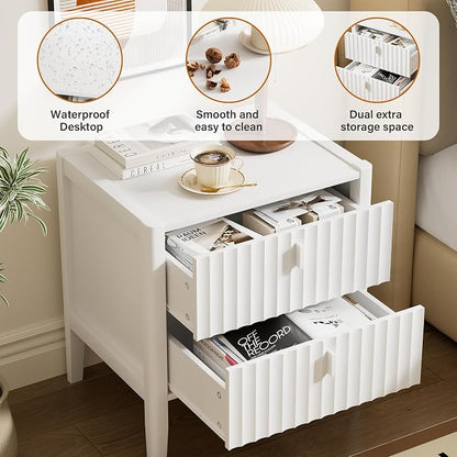 Furniway Nightstand Set of 2, Modern End Table with Solid Wood Legs, Bedside Table with 2 Drawers and Metal Handles for Bedroom, White