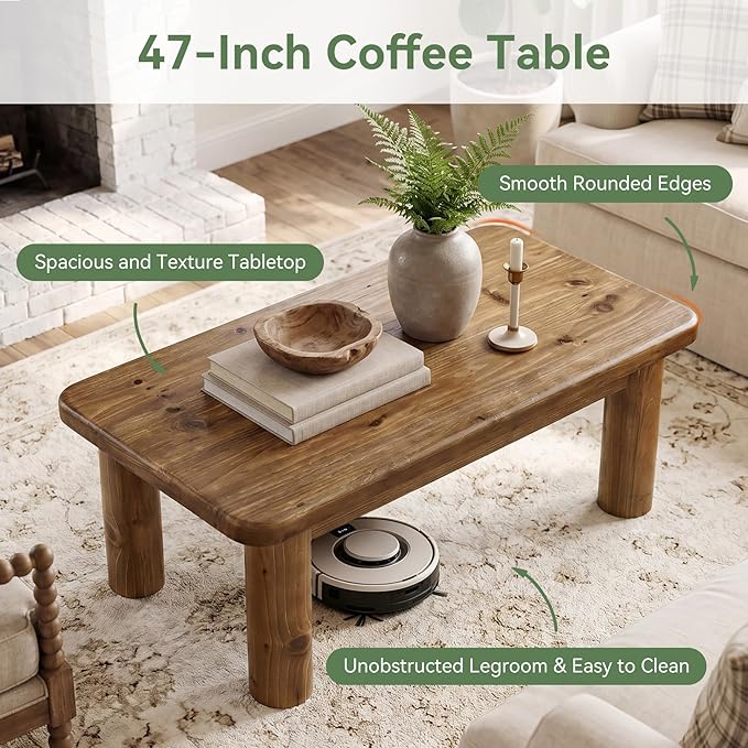 47-Inch Solid Wood Coffee Table, Rustic Rectangular Center Table for Living Room, Low Cocktail Tea Furniture with Thick Cylindrical Legs