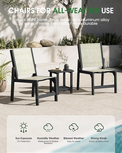 Patio Stackable Chairs Set of 2, HDPE Armless Outdoor Dining Chairs with Wide Seat, All-Weather Textilene Oversized Porch Chair for Garden, Poolside, Backyard, Deck | Black