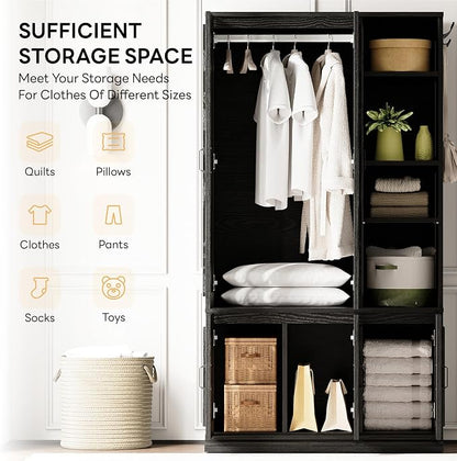 LIKIMIO Armoire Wardrobe Closet 70" H, 5 Doors Bedroom Wooden Wardrobe with 4 Storage Shelves and Hanging Rod, Clothing Storage Cabinet Organizer Combination, Black