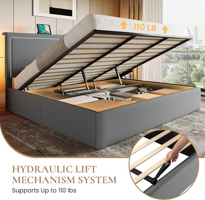 SHA CERLIN King Size Hydraulic Lift-Up Storage Platform Bed Frame with Charging Station, RGB LED Lights, Adjustable Velvet Headboard, USB-A and USB-C Ports, No Box Spring Needed, Grey