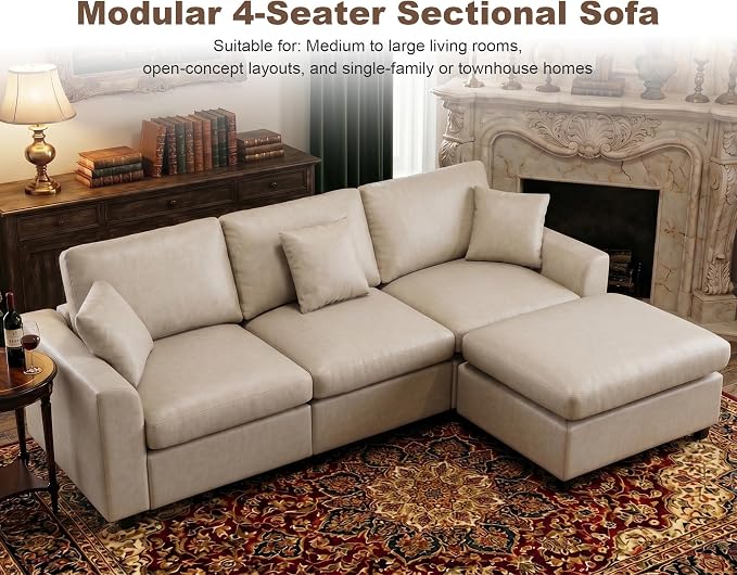 100" Faux Leather Modular Sectional Sofa for Living Room, Oversized 3 Seater L Shaped Cloud Couch with Ottoman, Extra Large Deep Seat, Pet-Friendly, Easy to Clean, Beige