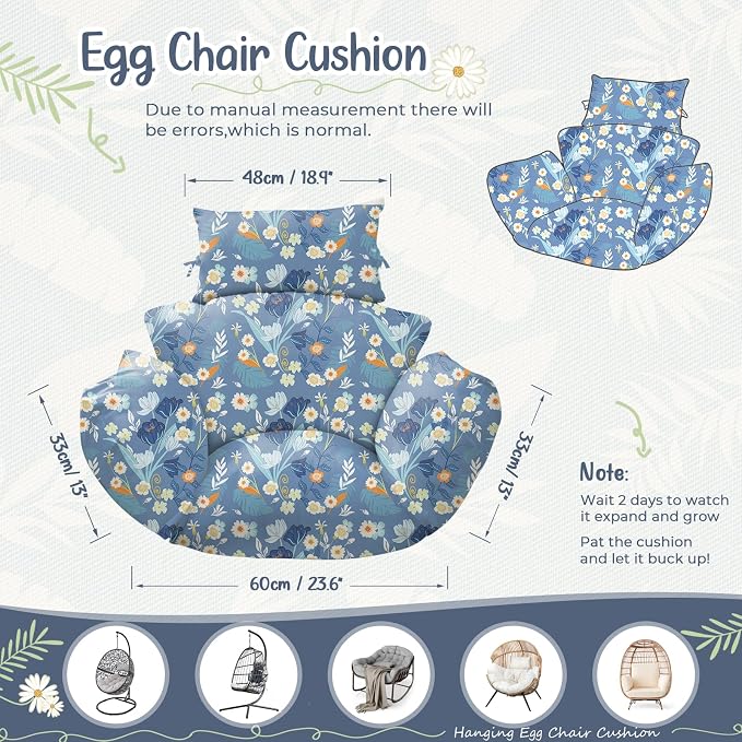 Waterproof Egg Chair Cushion Replacement 47x31.5x4.7 inch Thicken Hanging Egg Swing Chair Cushion Indoor Outdoor Wicker Rattan Hammock Basket Cushion with Headrest Pillow, Blue Peony