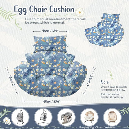 Waterproof Egg Chair Cushion Replacement 47x31.5x4.7 inch Thicken Hanging Egg Swing Chair Cushion Indoor Outdoor Wicker Rattan Hammock Basket Cushion with Headrest Pillow, Blue Peony