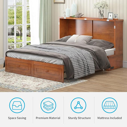 Mjkone 63.5" W Murphy Bed Cabinet Queen Size, Modern Cabinet Bed with USB Charging Station & Drawers, Murphy Beds for Living Room Apartment, Easily Convertible, Cherry