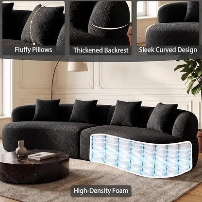 113" Curved Sectional Sofa Modern Cream Cloud Couch Modular Sectional Couches for Living Room Boneless Cloud Sofa Boucle Loveseat Comfy Chenille Deep Seat with 4 Pillows, Black