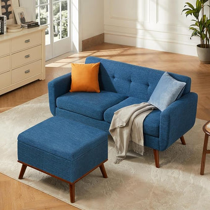 Tbfit 65" W Loveseat Sofa with Ottoman Coffee Table, Mid Century Modern Love Seat Couches for Living Room, Button Tufted Upholstered Small Couch for Bedroom,Easy to Install Love Seats Furniture, Blue | linen fabric