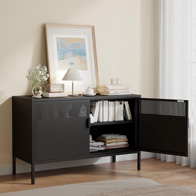 Black 25" H Metal Storage Cabinet, Metal TV Stand with Adjustable Shelf, 2 Door Accent Cabinet, 2-Tier Low Cabinet with Vent Hole, Storage Cabinets for Entryway, Home Office, Music Studio