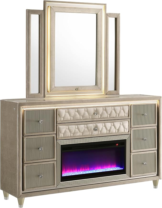 Coaster Home Furnishings - Lorient - Wood - 8-Drawer Dresser with Mirror, Flame Box, LED Lighting, Tri-Panel Mirror and Traditional Style - Bedroom - Ivory and Camel - 222663FBM