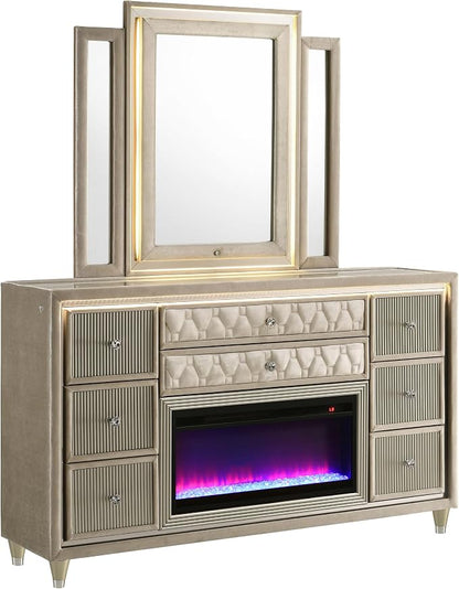 Coaster Home Furnishings - Lorient - Wood - 8-Drawer Dresser with Mirror, Flame Box, LED Lighting, Tri-Panel Mirror and Traditional Style - Bedroom - Ivory and Camel - 222663FBM