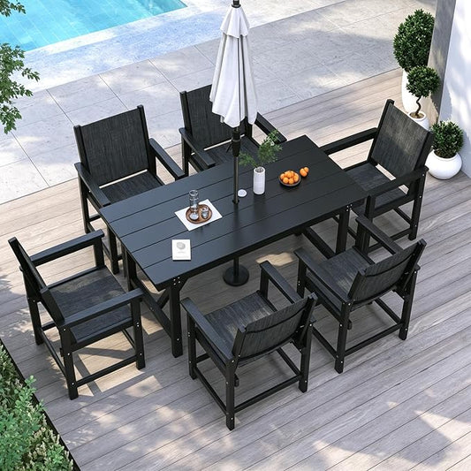 7 Piece HDPE Patio Dining Set, All-Weather Outdoor Table and Chair Sets with Umbrella Hole Outdoor Dining Table Sets of 6 Textilene Fabric Patio Chairs for Backyard, Poolside, Garden, Deck(Black)
